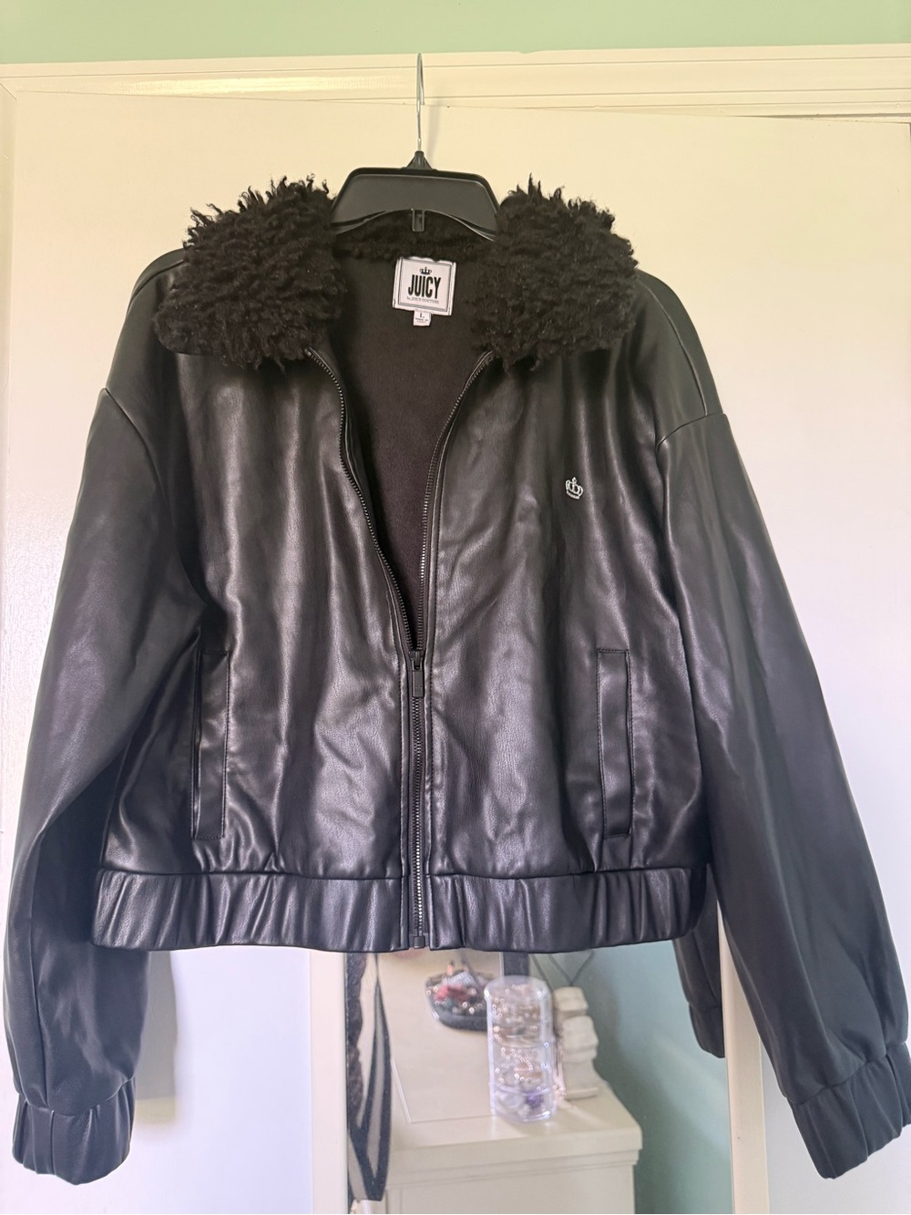 Juicy Couture Black Faux Leather Jacket with Sherpa Collar